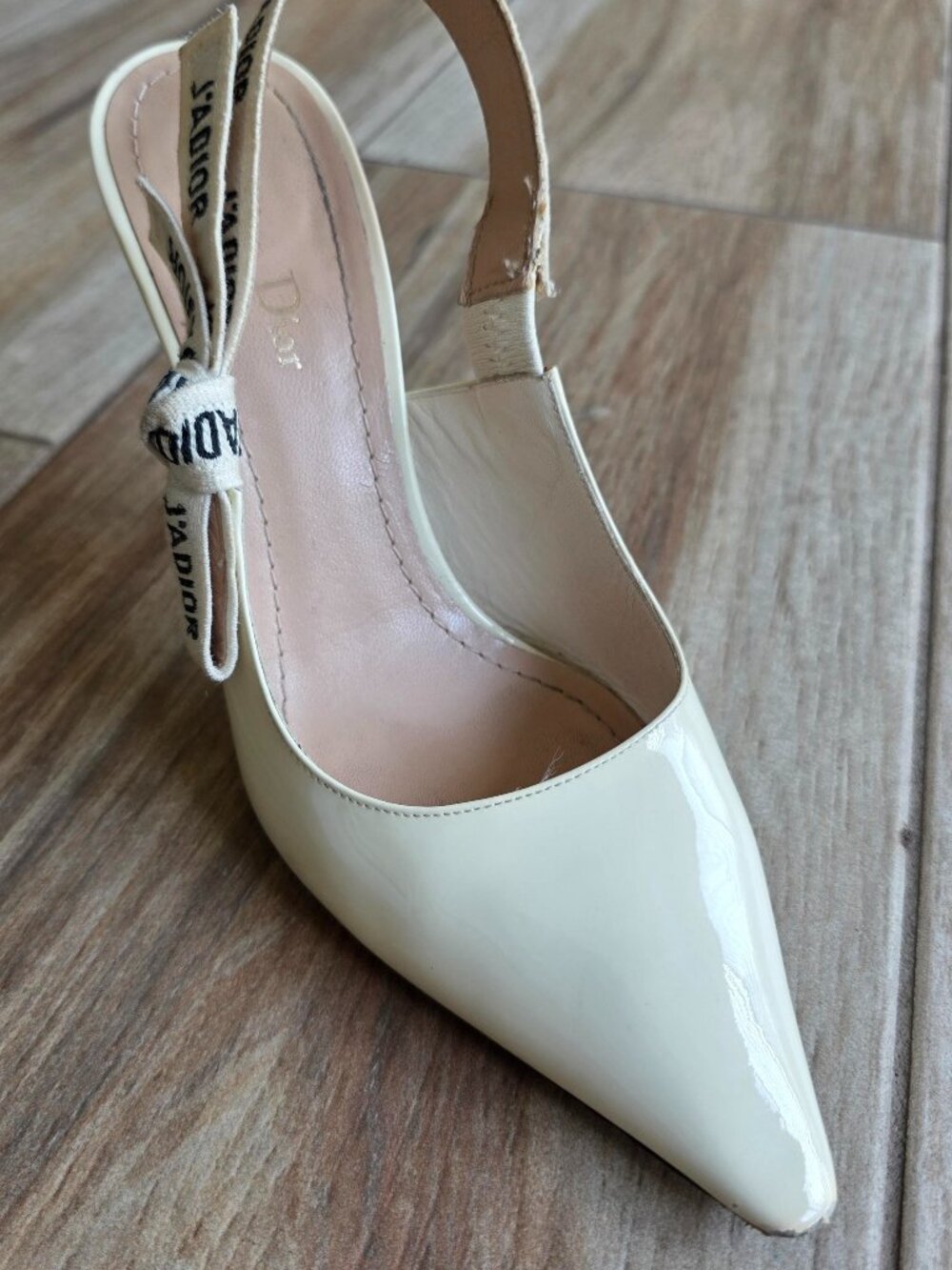 Dior J'Adior Sling Back White Patent Leather Ribbon Shoe Eur. 39